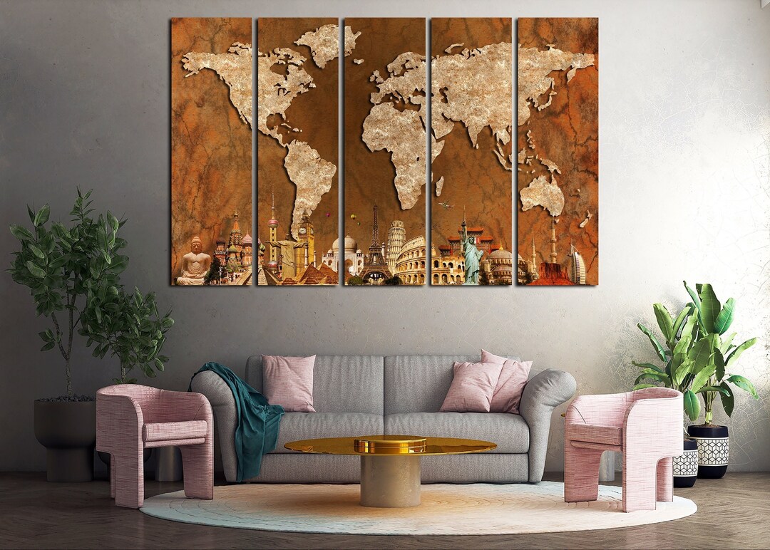 Colorful Watercolor World Map Wall Art Canvas Set. Watercolor Map With ...