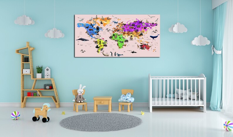 Nursery Wall Art Travel Map Print Animals Atlas for Kids Room ...