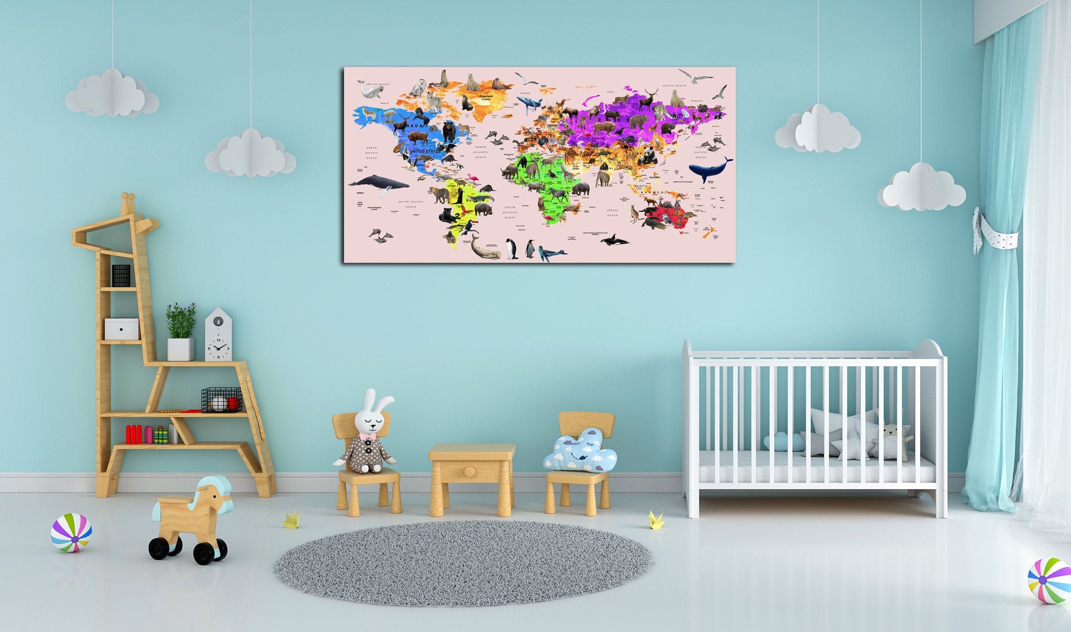 Nursery Wall Art Travel Map Print Animals Atlas for Kids Room ...