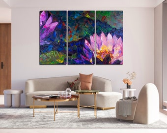 Conjunto de arte mural abstracto de loto: pintura al óleo de flores rosas, decoración rústica