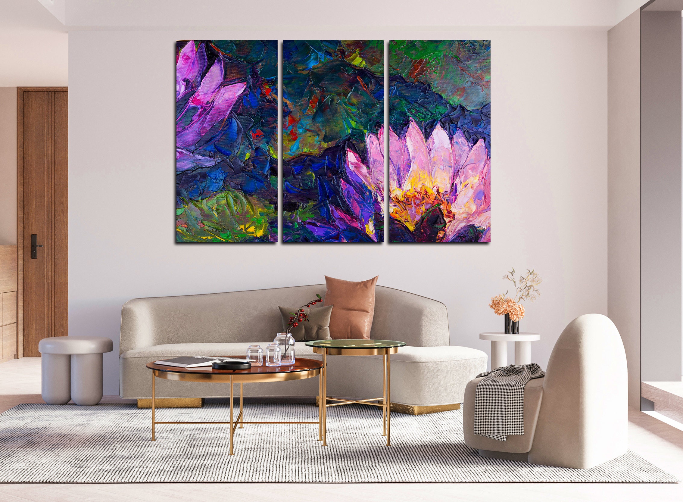 Abstract Lotus Wall Art Canvas Set Oil Painting of Flowers Etsy