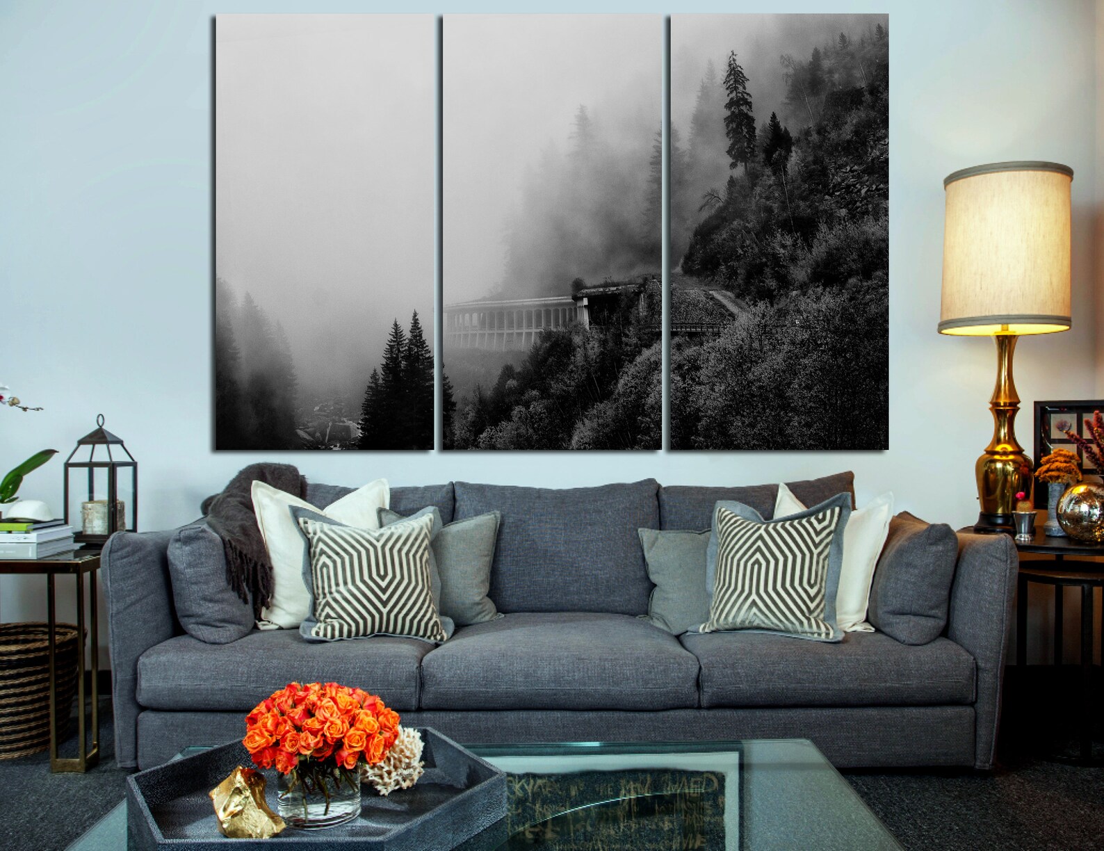 Foggy forest wall art canvas set Cloudy forest art Nature Etsy