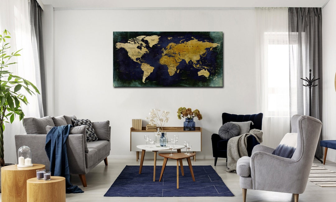 Navy Blue Push Pin World Map Art Prints. Modern Canvas Set for Wall ...