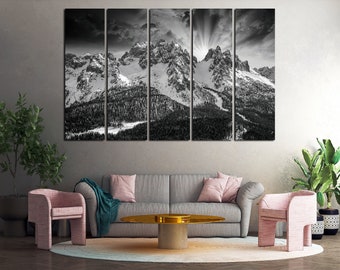 Sunset in Alps wall art canvas set. Winter forest canvas set for wall decoration. Mountain wall decor. Black and white print for office.