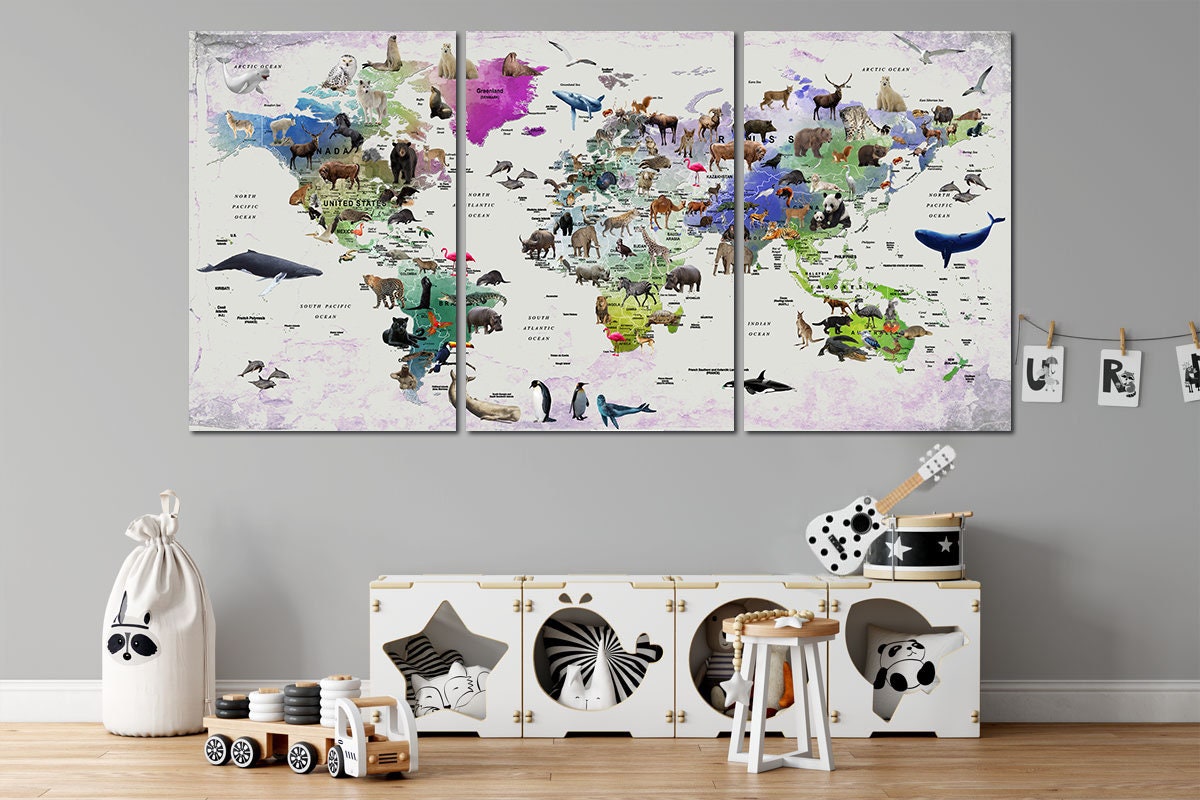 Nursery Adventure World Map Canvas Set - Safari Animals Explore ...