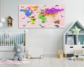 Nursery world map art Dinosaur world map décor Atlas print Kids map print Nursery wall art Travel canvas World map décor Large world map
