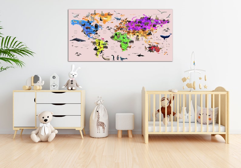 Nursery Wall Art Travel Map Print Animals Atlas for Kids Room ...