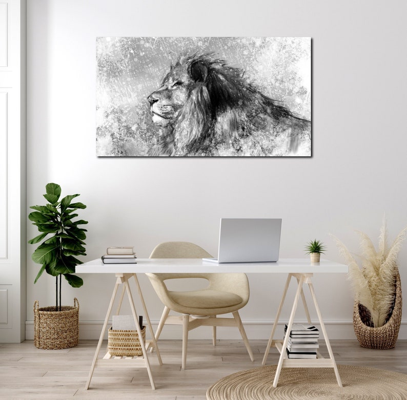May include: Black and white illustration of a lion's head with a textured background. The lion is looking to the left and has a mane of fur.