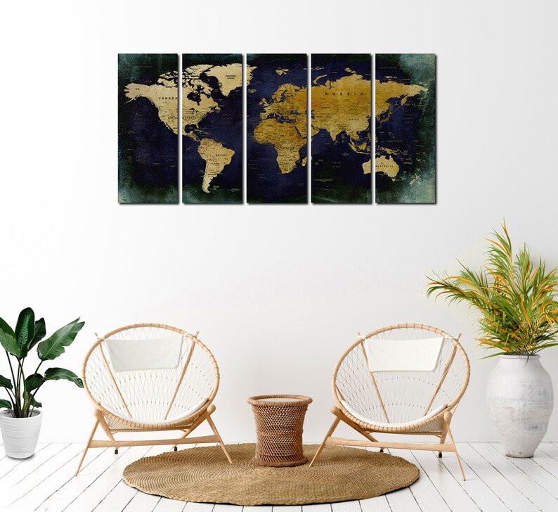 Navy Blue Push Pin World Map Art Prints. Modern Canvas Set for Wall ...