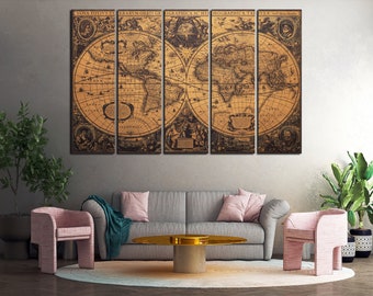 Vintage world map wall art canvas set World map print canvas Living room decor Bedroom wall decor Antique map poster Farmhouse decor