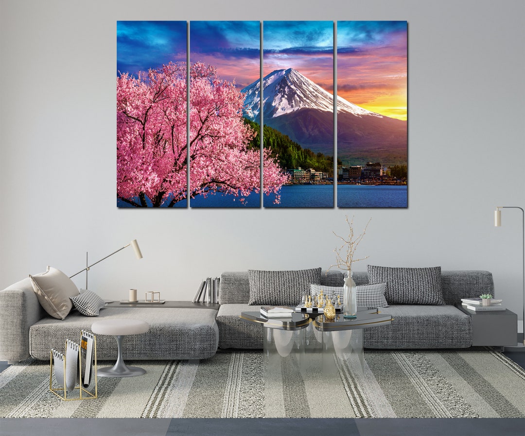 Mount Fuji and Cherry Blossoms Wall Art. Sunset on Canvas Set. Japanese ...