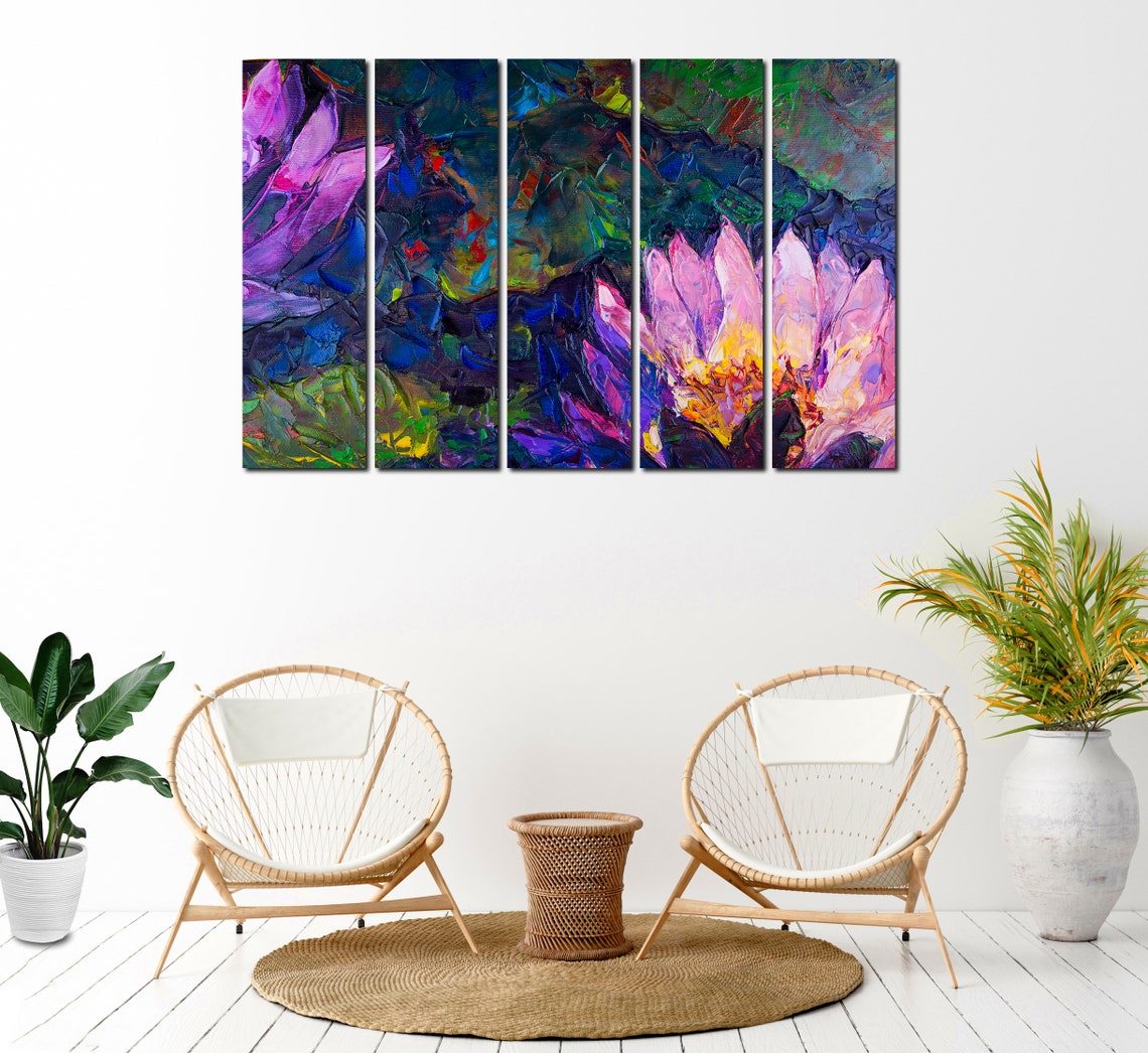 Abstract Lotus Wall Art Canvas Set Oil Painting of Flowers Etsy