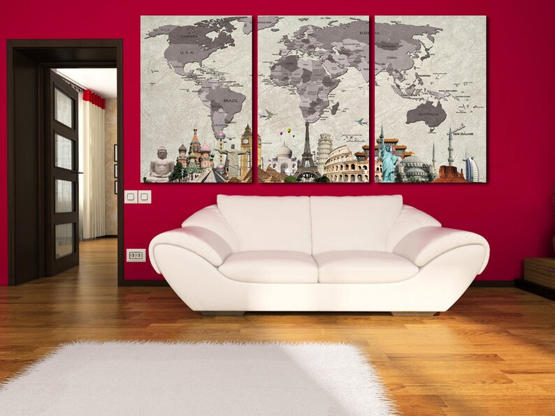 Colorful Push Pin World Map With Sights Printed on Canvas for Wall ...