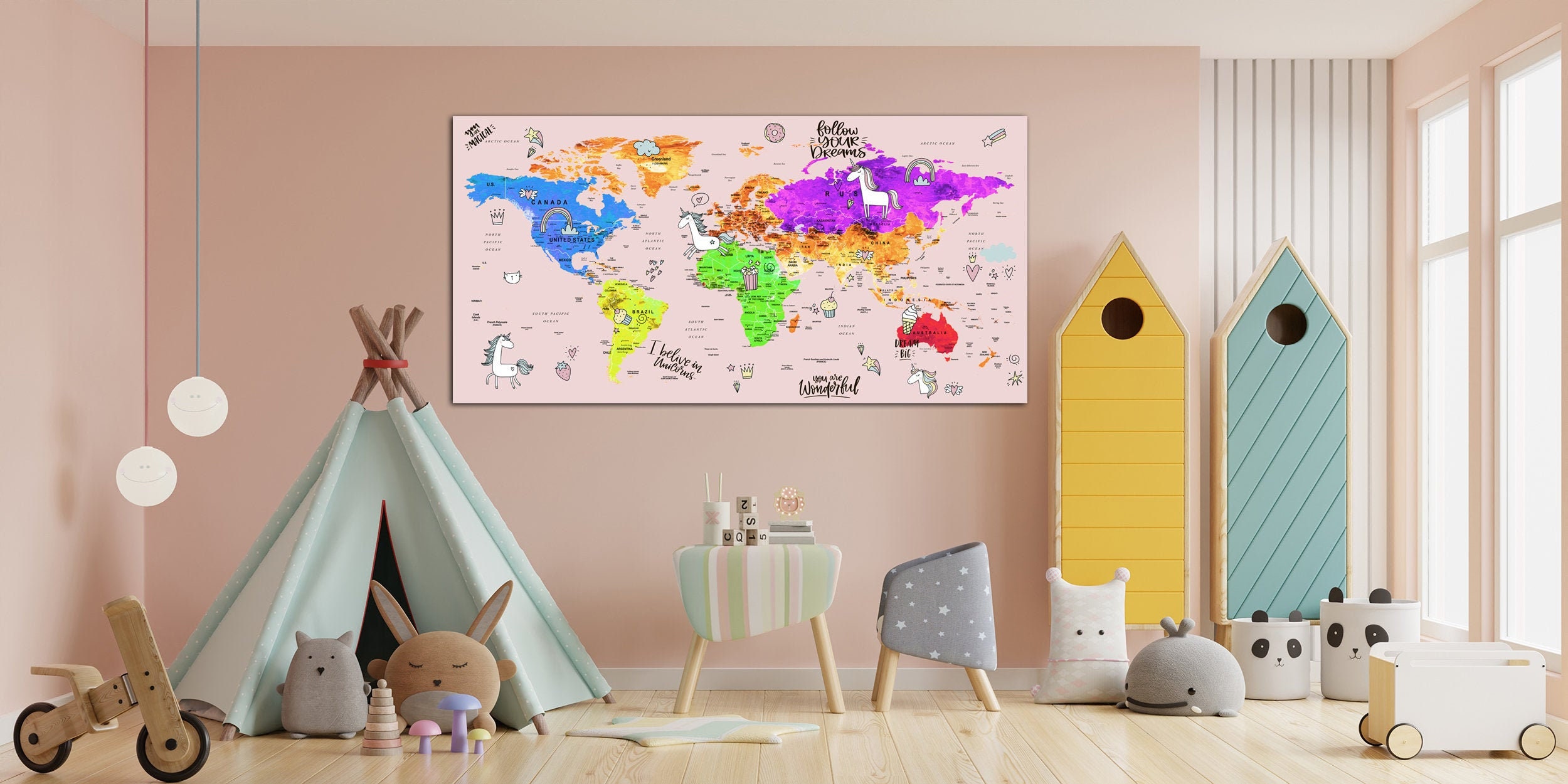 Large world map for kids room printed on canvas Kids world map | Etsy