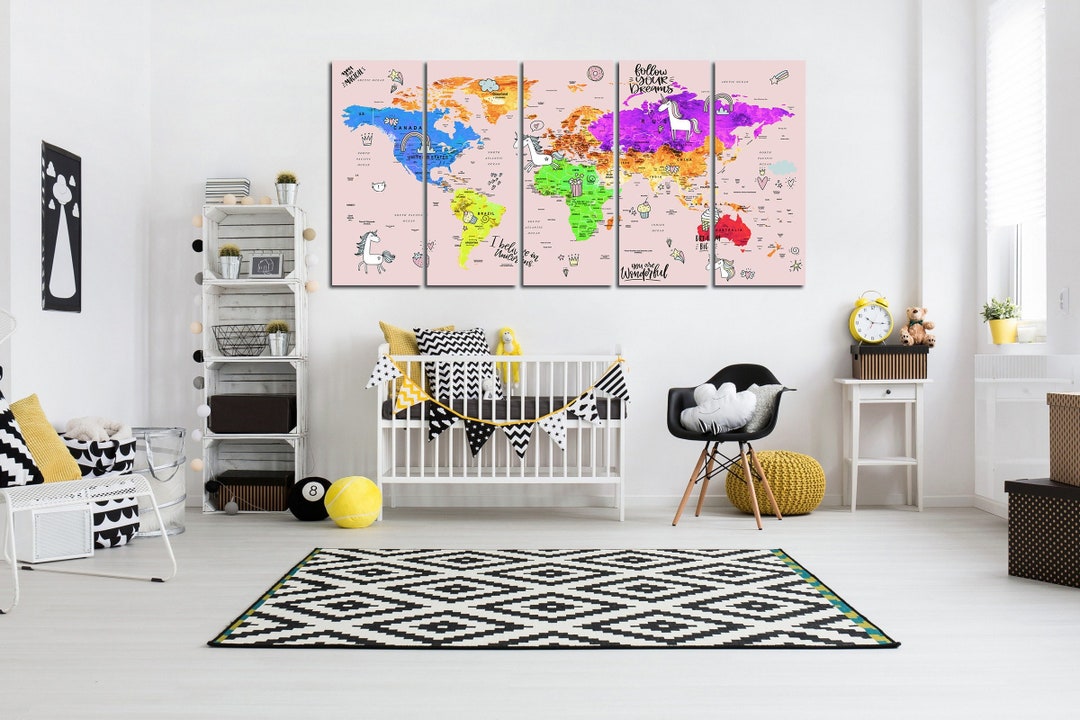 Large World Map for Kids Room Printed on Canvas Kids World Map Canvas ...