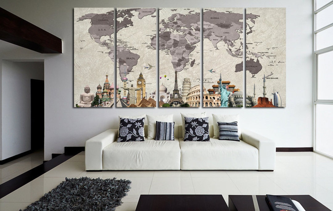 Push Pin World Map on Canvas for Wall Decor. Travel Map Wall Art. Push ...