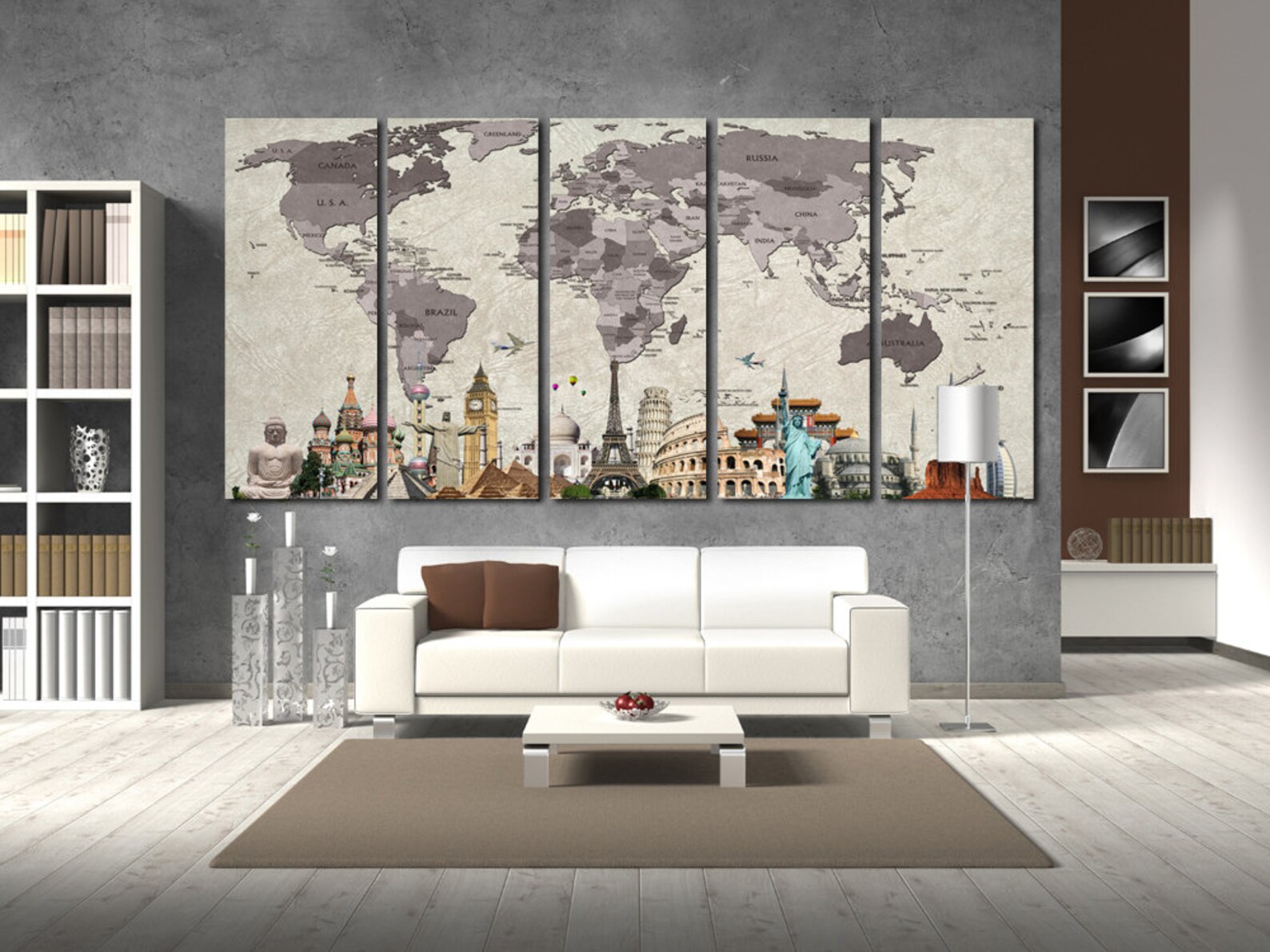 Colorful Push Pin World Map With Sights Printed on Canvas for Wall ...