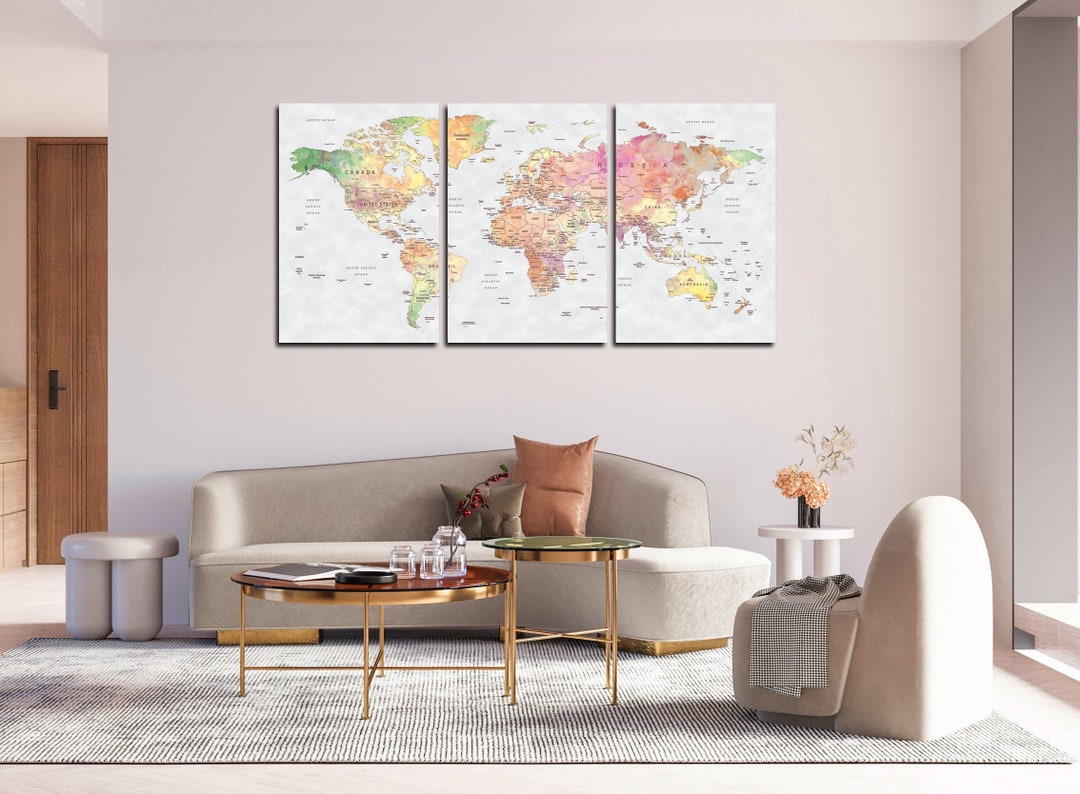 Colorful Push Pin World Map Canvas Set for Wall Decoration. Travel Map ...