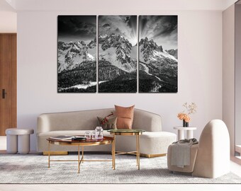 Sunset in Alps wall art canvas set. Winter forest canvas set for wall decoration. Mountain wall decor. Black and white print for office.