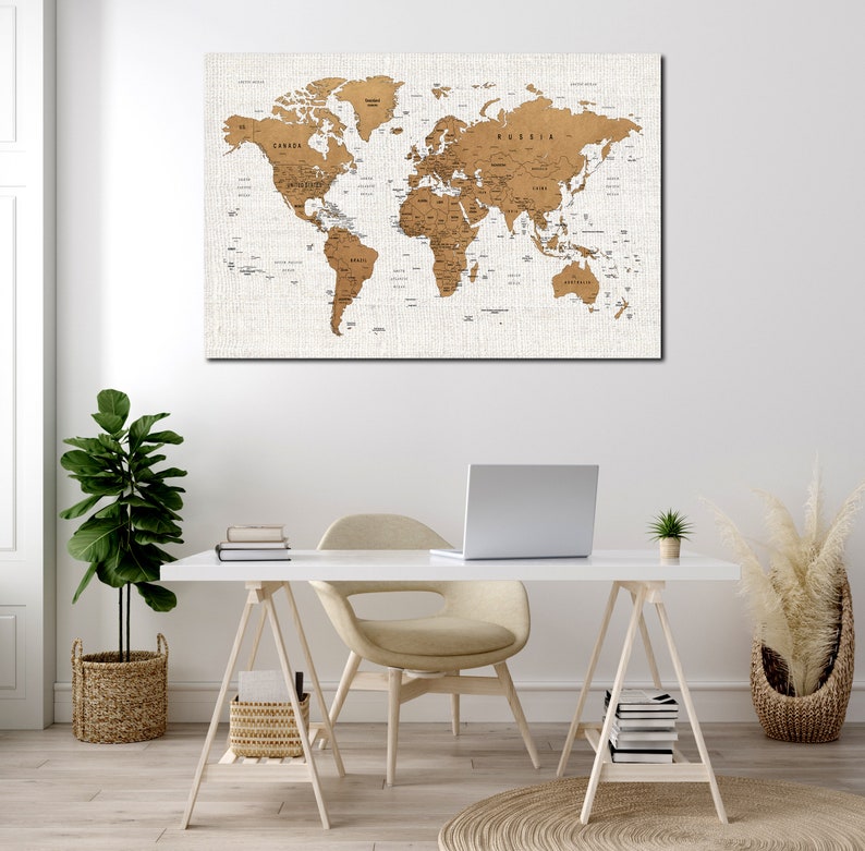 Push Pin World Map Printed on Canvas for Wall Decoration. Contemporary ...
