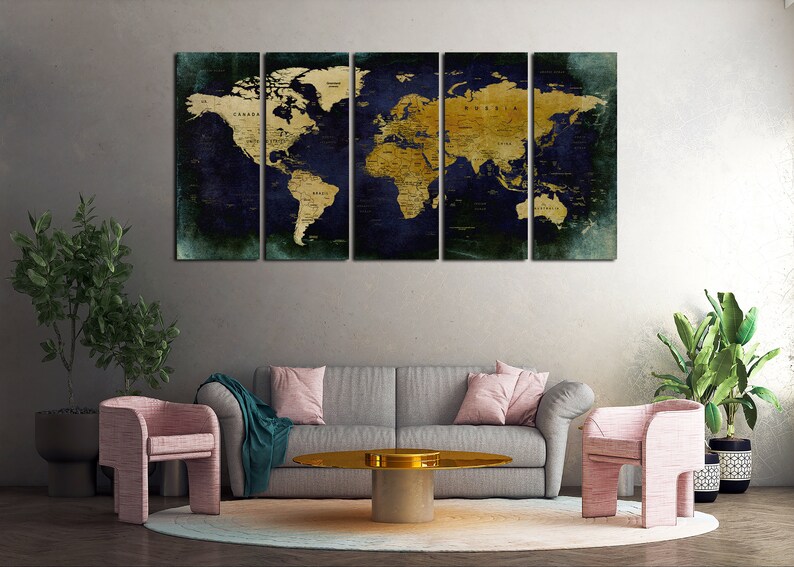 Navy Blue Push Pin World Map Art Prints. Modern Canvas Set for Wall ...
