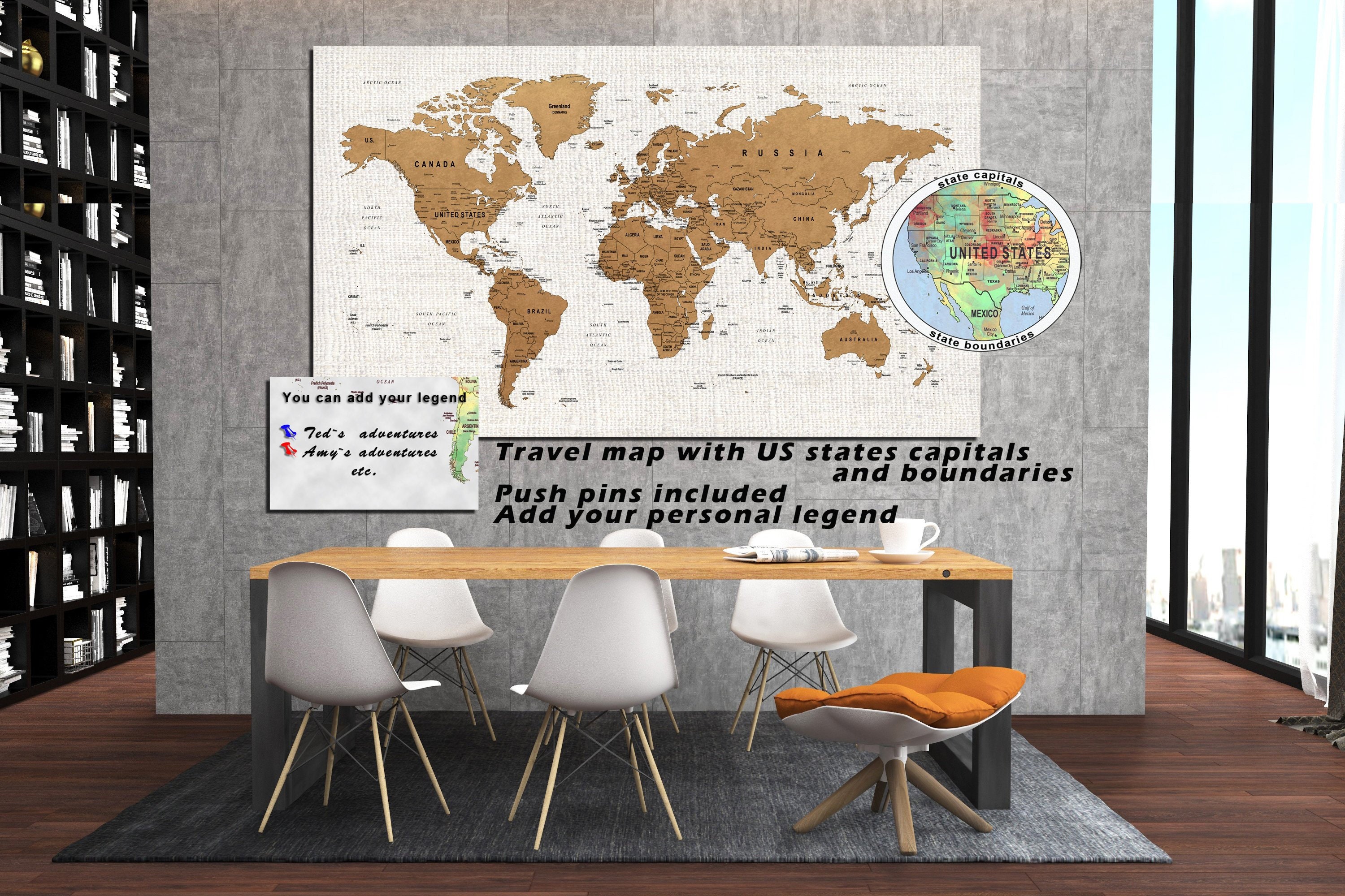 Push Pin World Map Printed on Canvas for Wall Decor. Travel Map Art ...