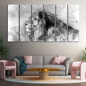May include: A black and white canvas print of a lion's head with a textured background. The print is divided into five panels.