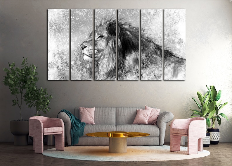 May include: A black and white canvas print of a lion's head with a textured background. The print is divided into five panels.