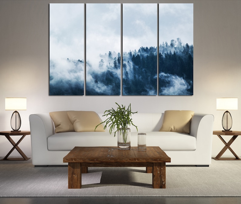 Foggy forest on canvas Cloudy forest wall art Forest poster Etsy