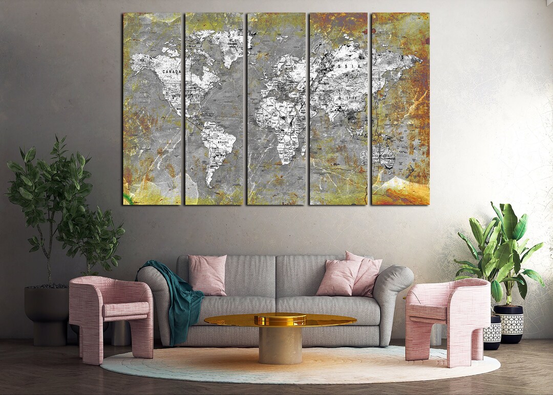 Cool Push Pin World Map Wall Art Canvas Set. Map Printed on Canvas for ...