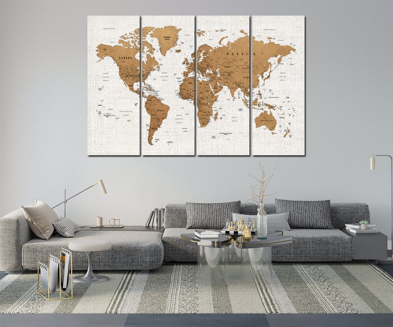 Push Pin World Map Printed on Canvas for Wall Decoration. Contemporary ...