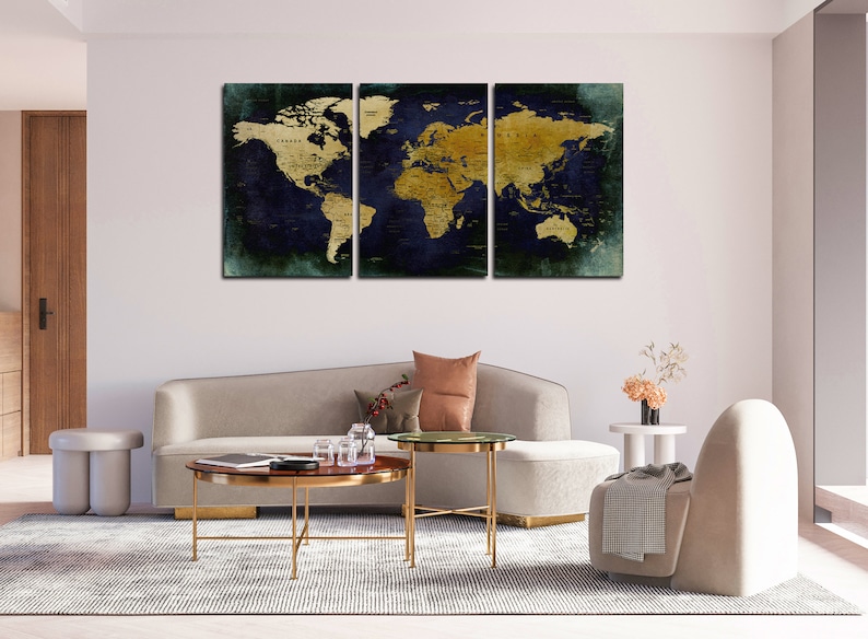 Navy Blue Push Pin World Map Art Prints. Modern Canvas Set for Wall ...