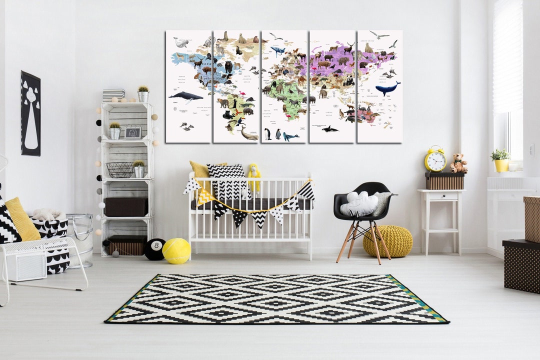 Nursery World Map Canvas Set for Wall Decoration Animal World Map Kids ...