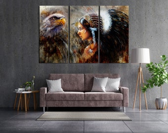 Beautiful Native American Girl and Bald Eagle on Canvas for Wall Decoration Colorful wall art Living Room decor Abstract Wall Art Bright art