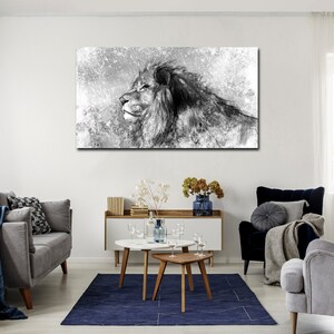 May include: Black and white illustration of a lion's head with a textured background. The lion is looking to the right and has a mane of hair.