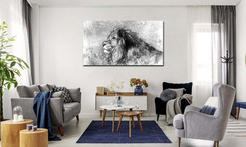 May include: Black and white illustration of a lion's head with a textured background. The lion is looking to the right and has a mane of hair.