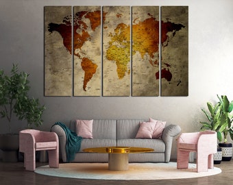 Push pin world map printed on canvas for wall decor Cool decoration for office or living room Cool map wall art for memory spot Push pin map