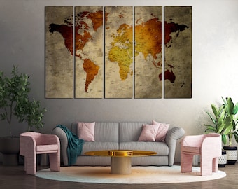 Push pin world map printed on canvas for wall decor, Cool decoration for office or living room, Map wall art for memory spot, Push pin map