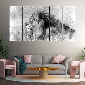 May include: A black and white canvas print of a lion's head with a textured background. The print is divided into five panels.