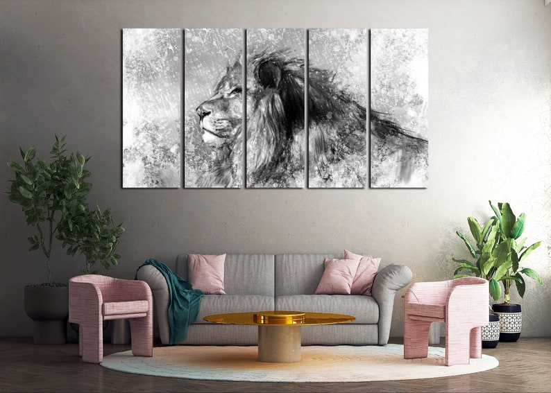 May include: A black and white canvas print of a lion's head with a textured background. The print is divided into five panels.