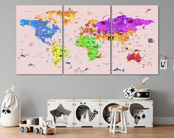 Impresión en lienzo con mapa del mundo infantil rosa: arte colorido para la pared de la habitación de los niños
