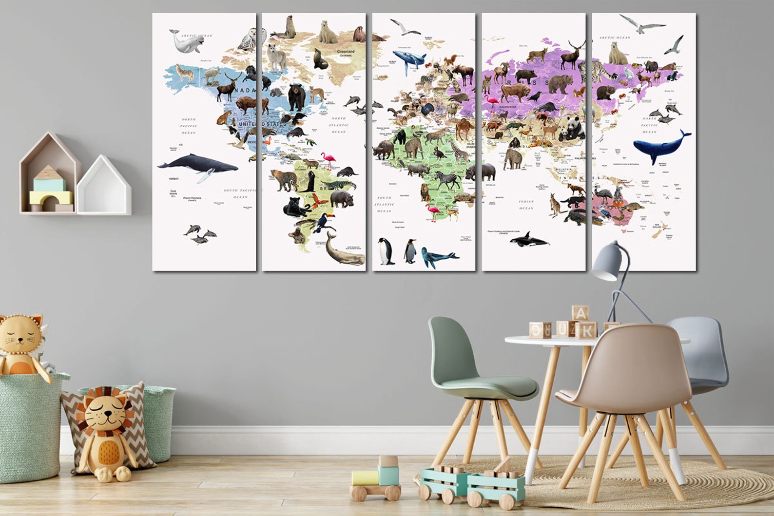 Nursery World Map Canvas Set for Wall Decoration Animal World Map Kids ...
