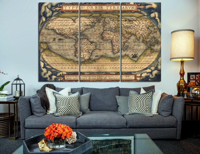 Vintage world map wall art canvas set. Antique world map wall Etsy