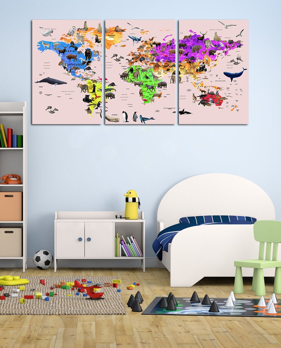 Nursery Wall Art Travel Map Print Animals Atlas for Kids Room ...