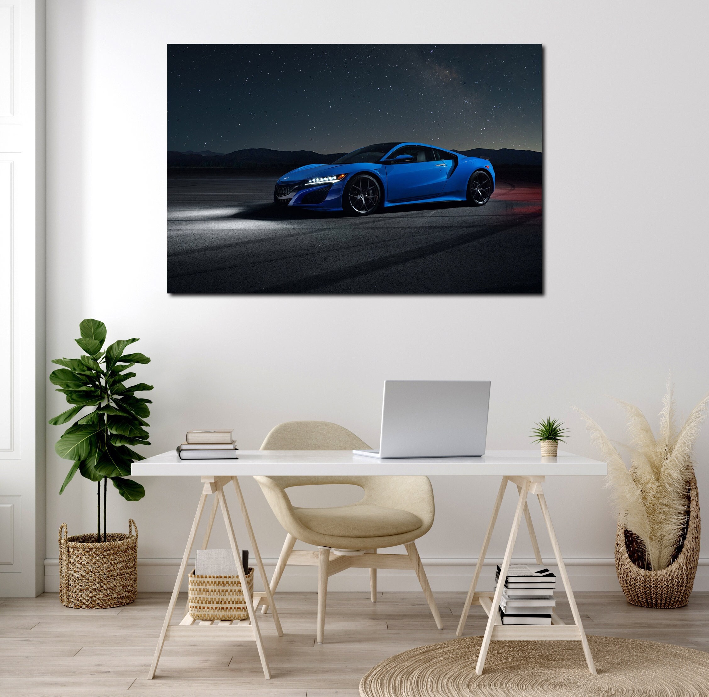Acura NSX Wall Art Canvas Set Blue Supercar on Night Background