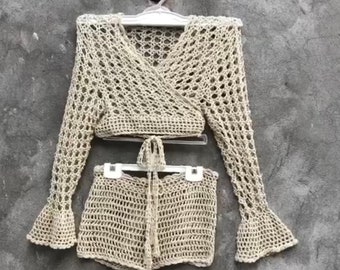 Mesh long sleeve wrap top and shorts set Two piece summer crochet outfit woman Fishnet festival wear Beach cover up set gift for girlfriend