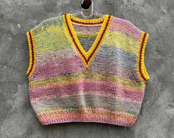 Colorful sweater vest woman Handmade knit vest Multicolor sleeveless jumper Wool soft V neck sweater Boho festival sweater gift girlfriend