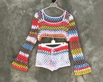 Granny square flared long sleeve crop and shorts set Multi color mesh summer beach outfit Festival two piece Colorful striped outfit woman