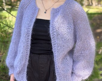 Mohair cardigan woman Puff sleeves open cardigan Airy lightweight sweater Hand knit cropped cardigan Fuzzy wool sweater Soft gift for women