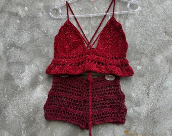 Woman outfit crochet fishnet shorts suit Velvet ruffle top two piece festival set Plush burgundy crochet sets women Feminine Garust outfits